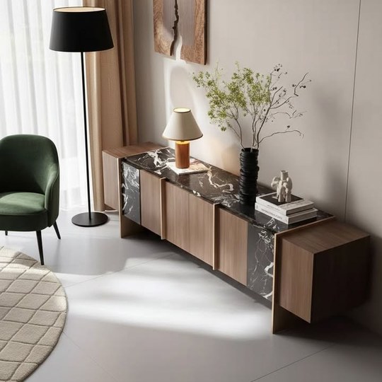 🔸️🌿 ตู้วางทีวี 4 บาน (Walnut + Black Marble) ดีไซน์เรียบหร...